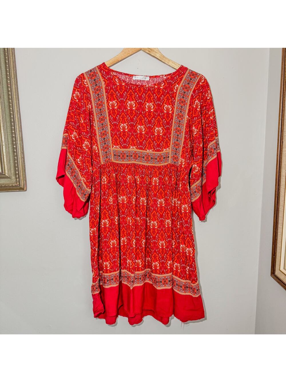 R.Vivimos Red Paisley Floral Cotton Blend Kimono Sleeve Mini Dress Small